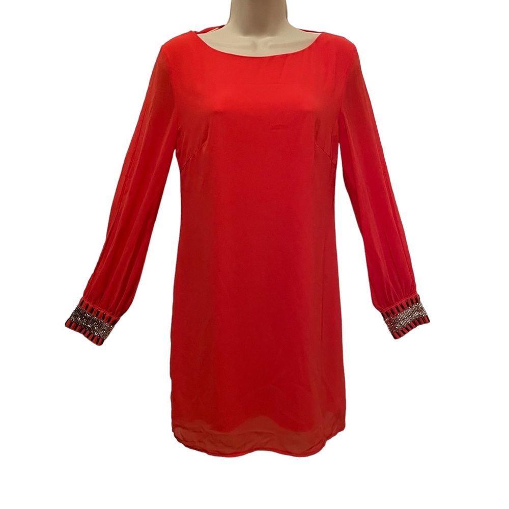 Ark & CO Coral Shift Dress Embellished Cuffs Double Slit Long Sleeves Size Small